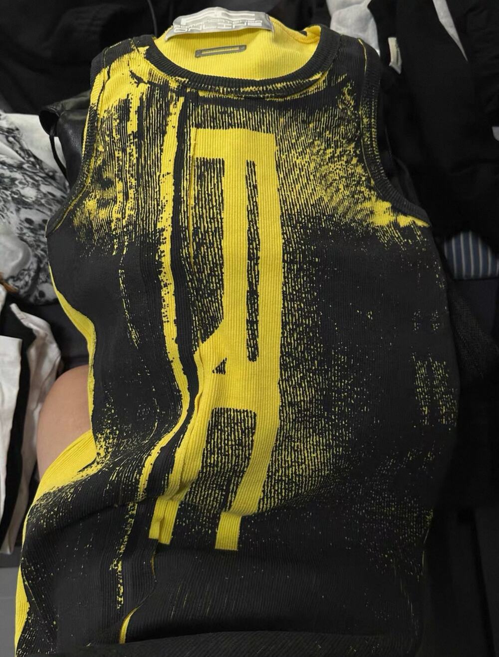 Japanese Cracked Graphic Print Yellow Black Thermal Tank Top Wifebeater Shirt- L